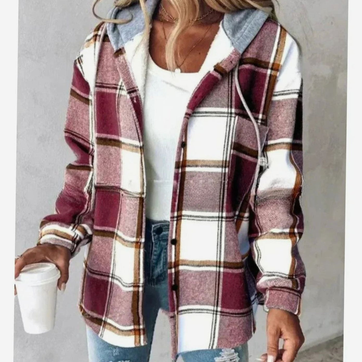 Johanna | Damen Karo Hoodie Jacke mit Kapuze Lockere Passform Winterjacke