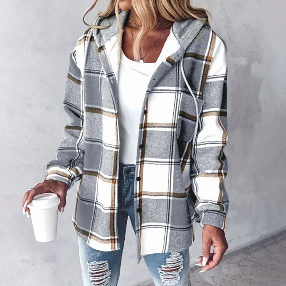 Johanna | Damen Karo Hoodie Jacke mit Kapuze Lockere Passform Winterjacke