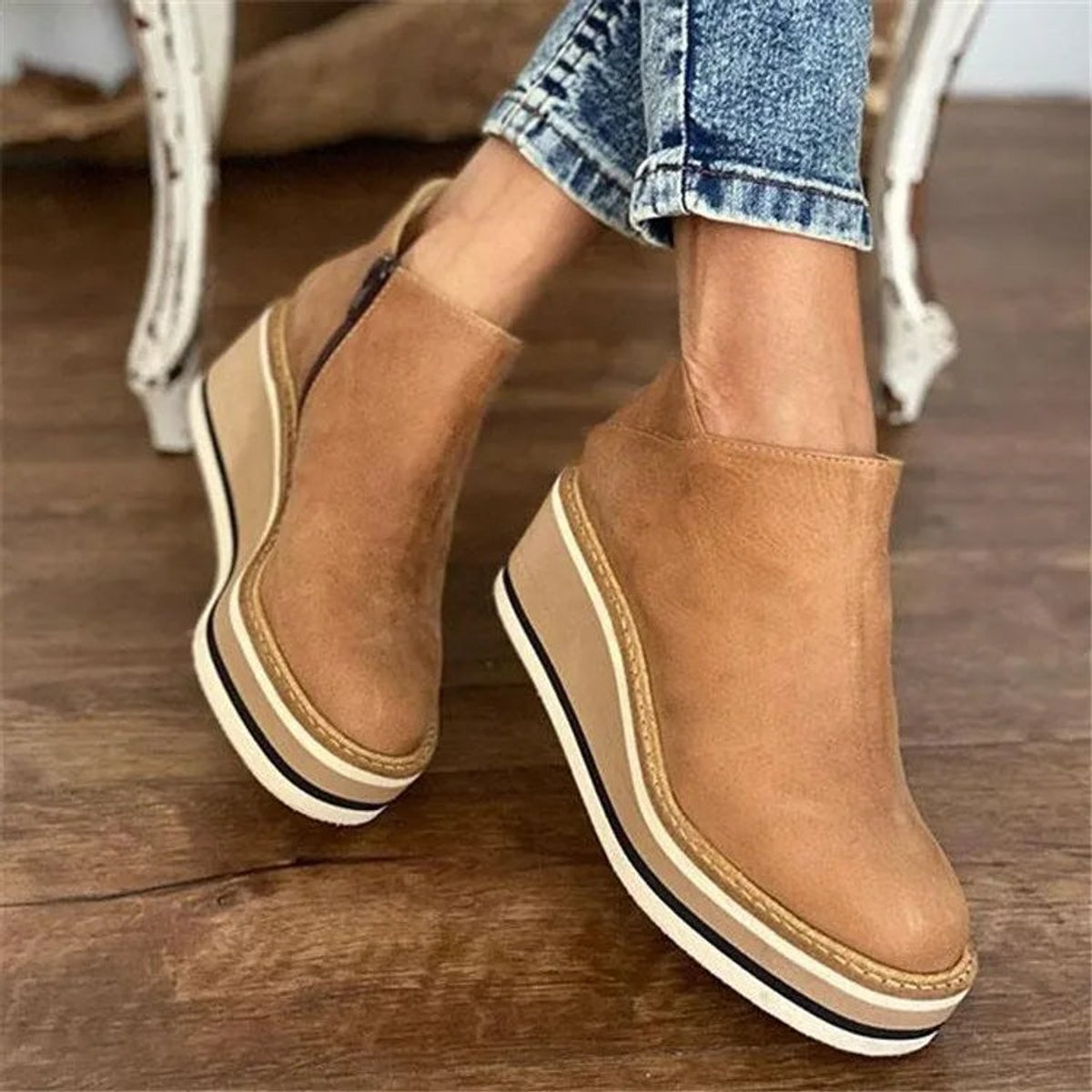 Katharina | Damen Keilabsatz Ankle Boots Kurzstiefel Reißverschluss Plateau