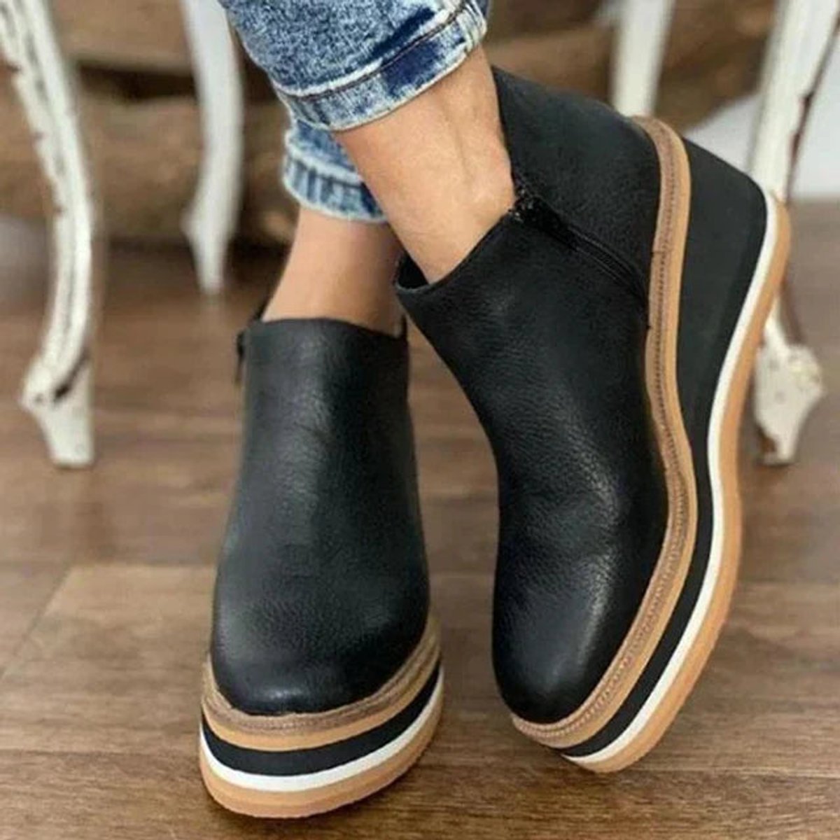 Katharina | Damen Keilabsatz Ankle Boots Kurzstiefel Reißverschluss Plateau