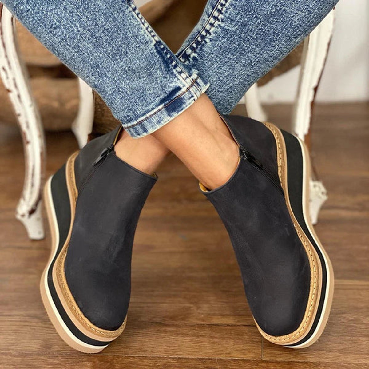 Katharina | Damen Keilabsatz Ankle Boots Kurzstiefel Reißverschluss Plateau