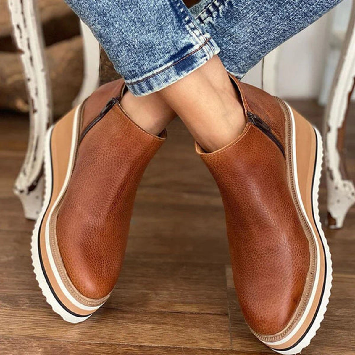Katharina | Damen Keilabsatz Ankle Boots Kurzstiefel Reißverschluss Plateau