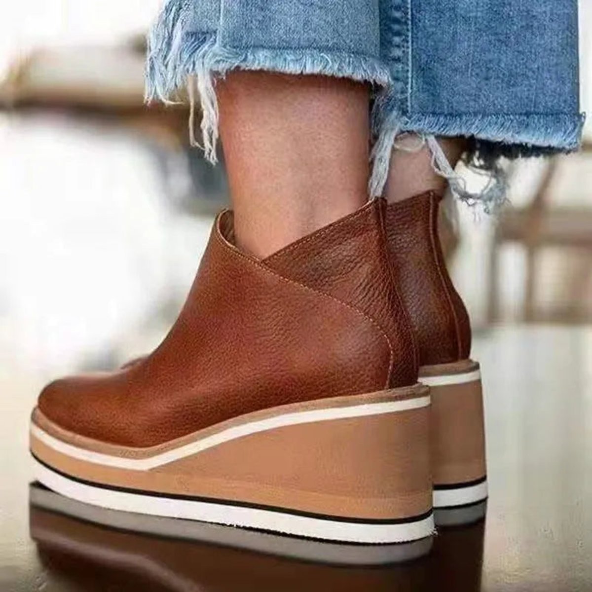 Katharina | Damen Keilabsatz Ankle Boots Kurzstiefel Reißverschluss Plateau