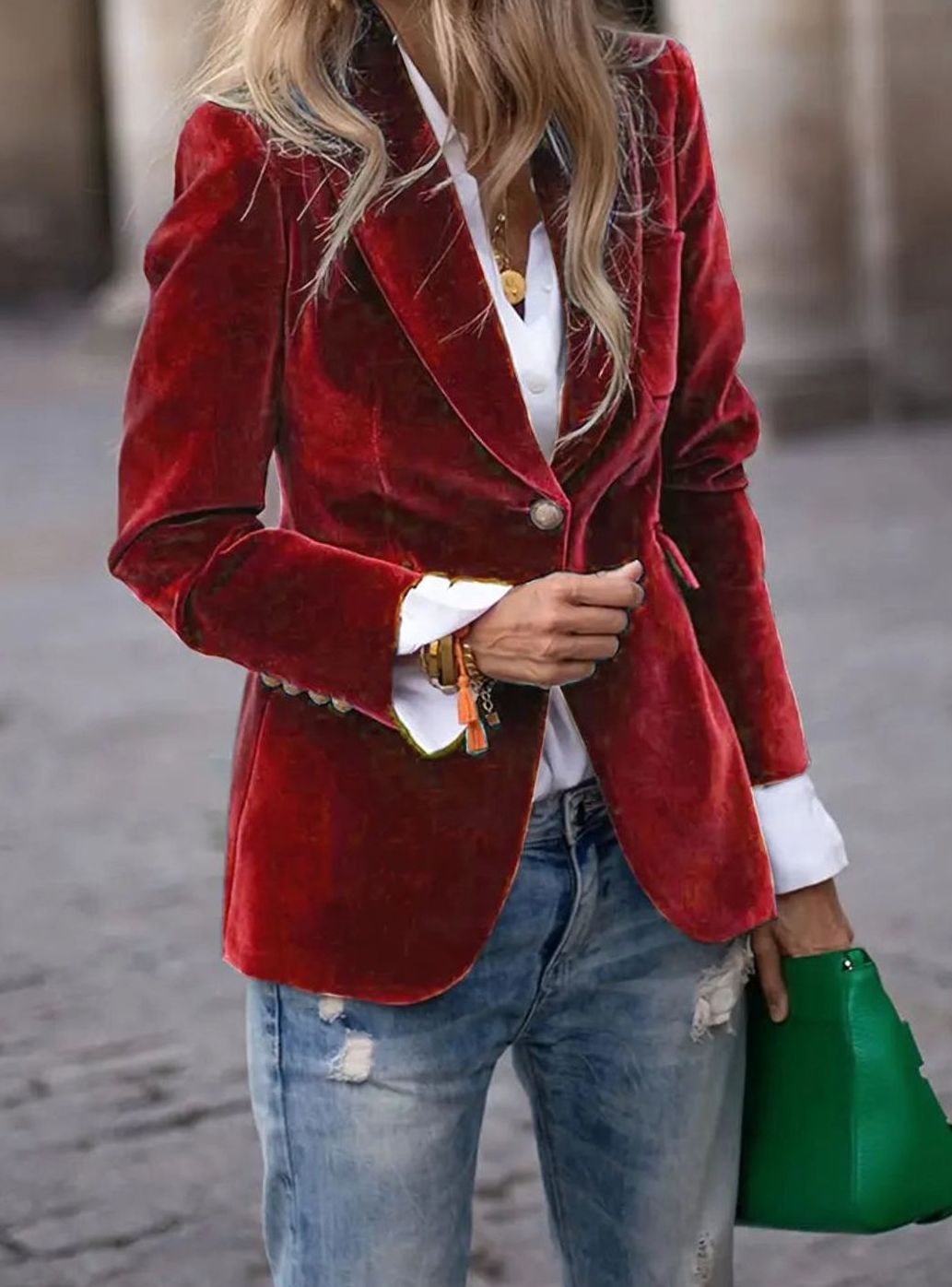 Elisabeth | Damen Klassischer Blazer mit Ein-Knopf-Verschluss Goldknöpfe Samtoptik