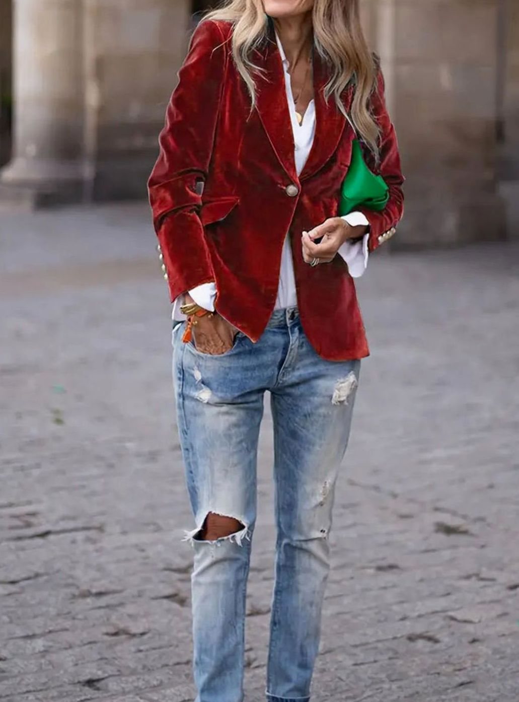 Elisabeth | Damen Klassischer Blazer mit Ein-Knopf-Verschluss Goldknöpfe Samtoptik