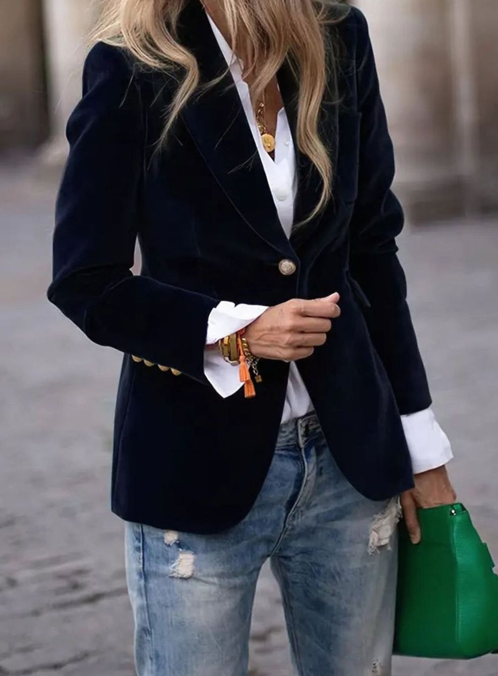 Elisabeth | Damen Klassischer Blazer mit Ein-Knopf-Verschluss Goldknöpfe Samtoptik