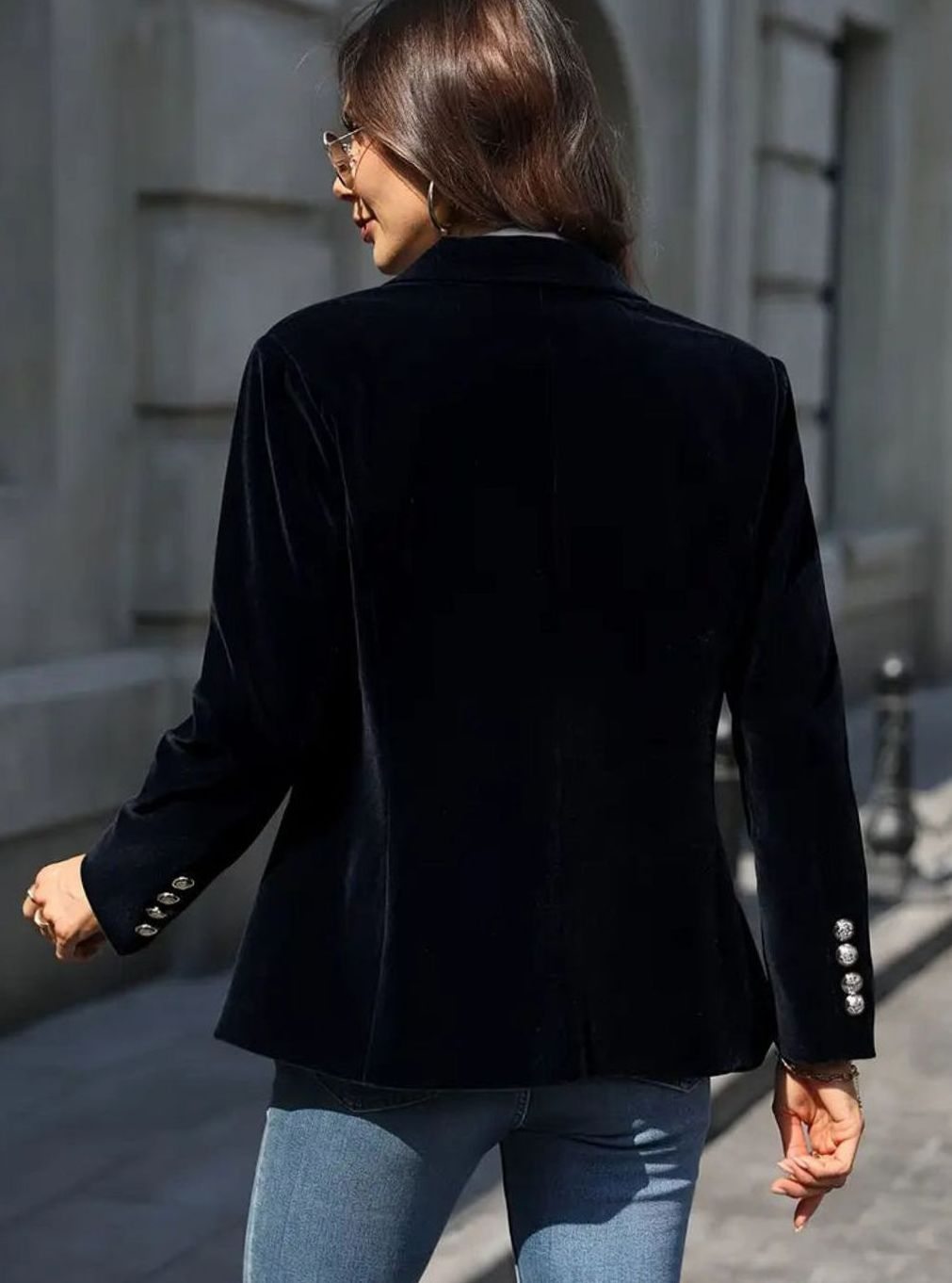 Elisabeth | Damen Klassischer Blazer mit Ein-Knopf-Verschluss Goldknöpfe Samtoptik