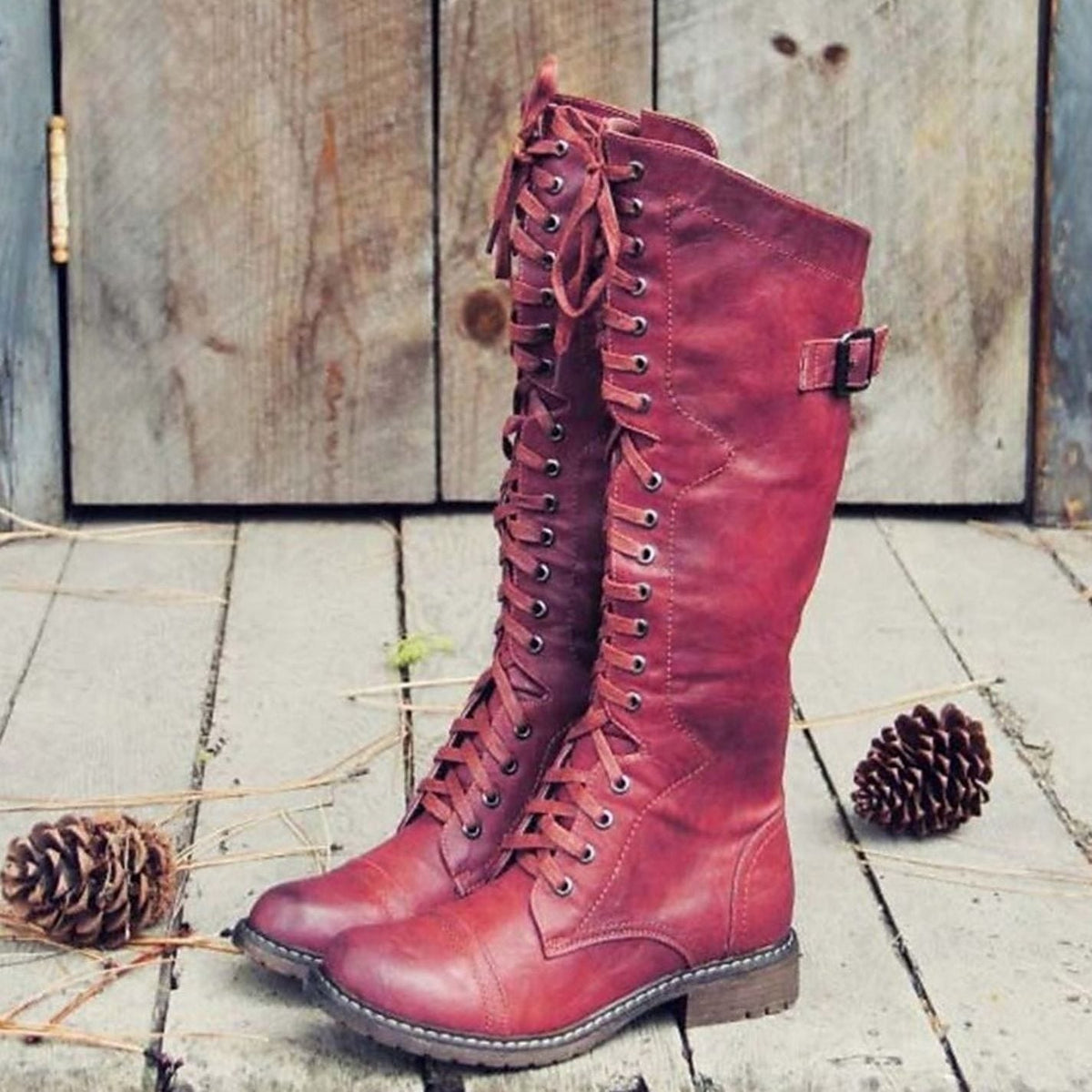 Emilia | Damen Kniehohe Schnürstiefel im Reitstil Profilsohle Wadenstiefel