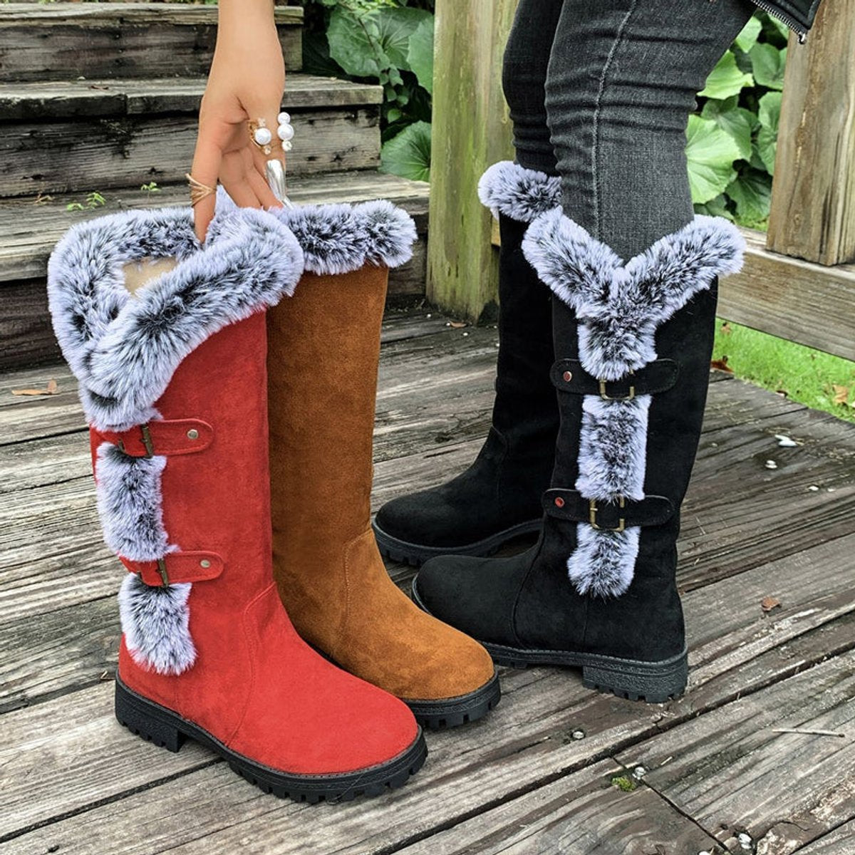 Frieda | Damen Kniehohe Stiefel Plüsch Schnallen Winterstiefel Warm