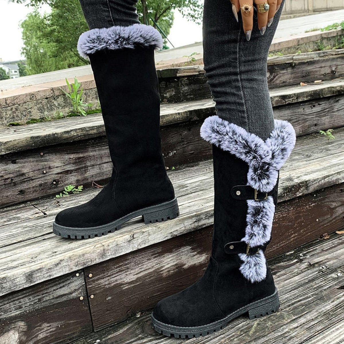 Frieda | Damen Kniehohe Stiefel Plüsch Schnallen Winterstiefel Warm