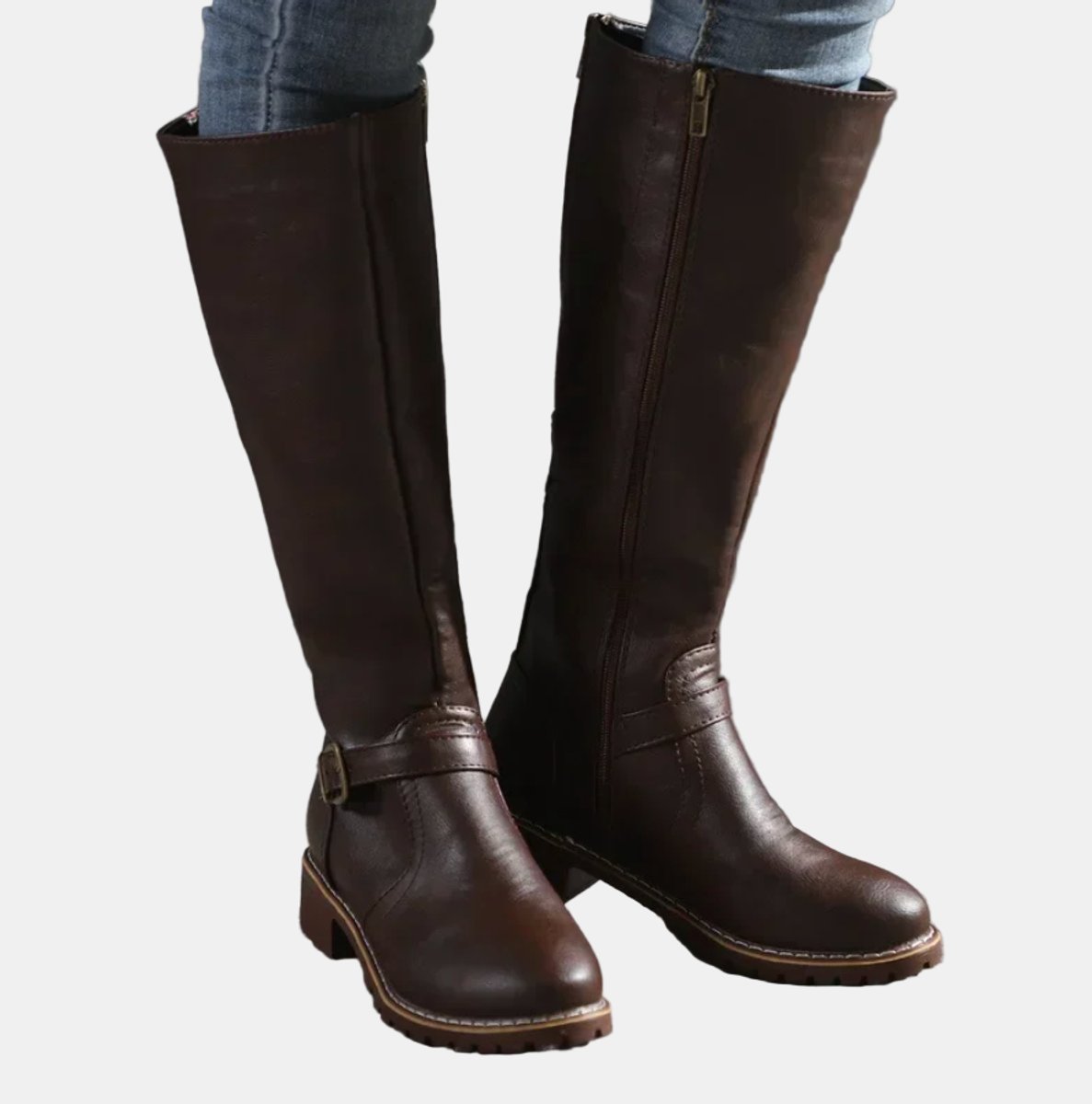 Annika | Damen Kniehohe Stiefel Schnalle Reißverschluss Kunstleder