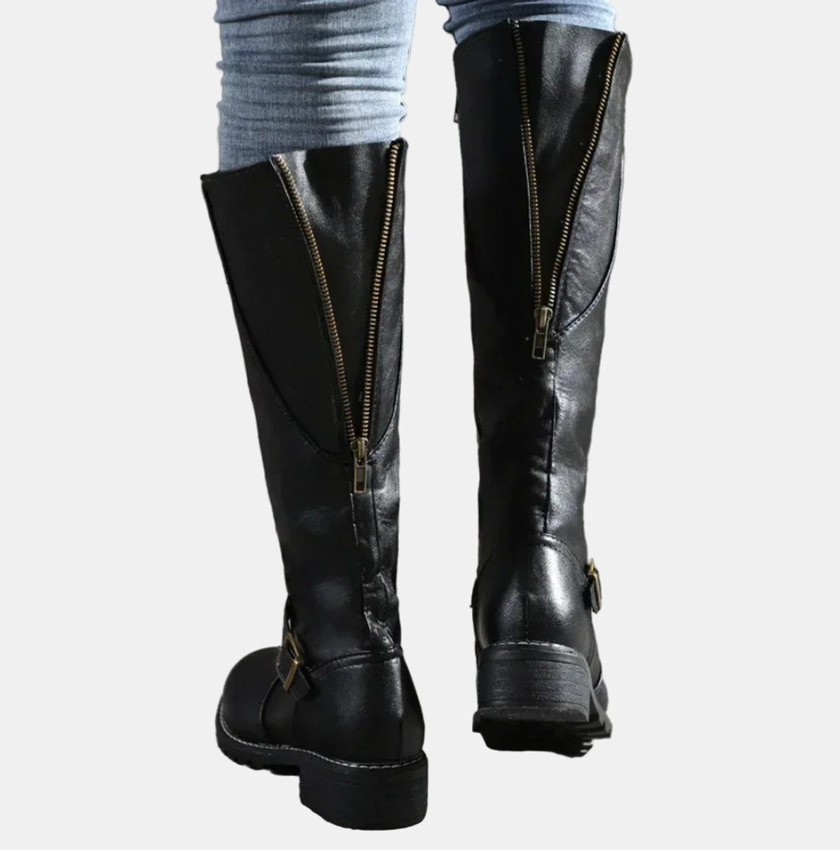 Annika | Damen Kniehohe Stiefel Schnalle Reißverschluss Kunstleder