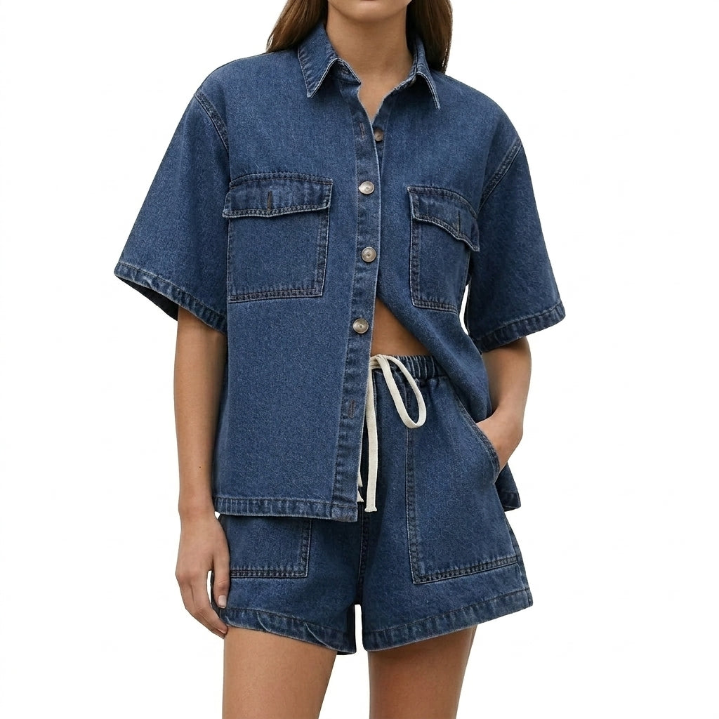 Damen Kurzarmhemd und Shorts Set mit Brusttaschen und Kordelzug