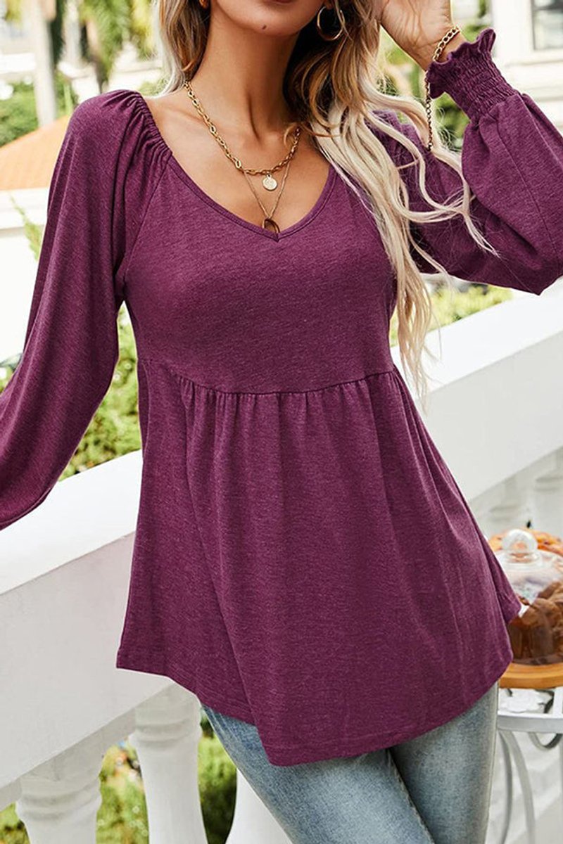 Nora | Damen Langarm Babydoll-Tunika V-Ausschnitt gerüschter Saum