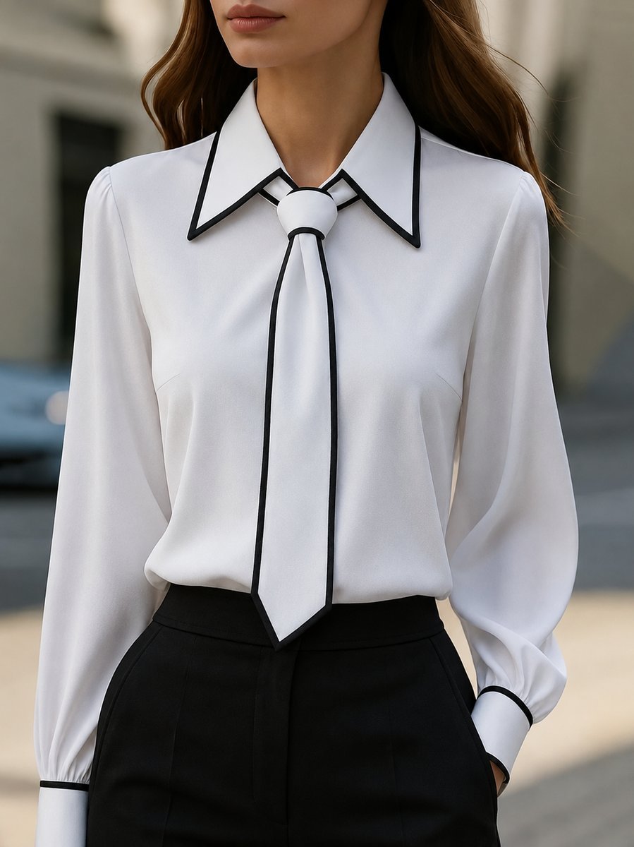 Emilia | Damen Langarm-Bluse mit Kontrastpaspel abnehmbarer Krawatte Knopfleiste