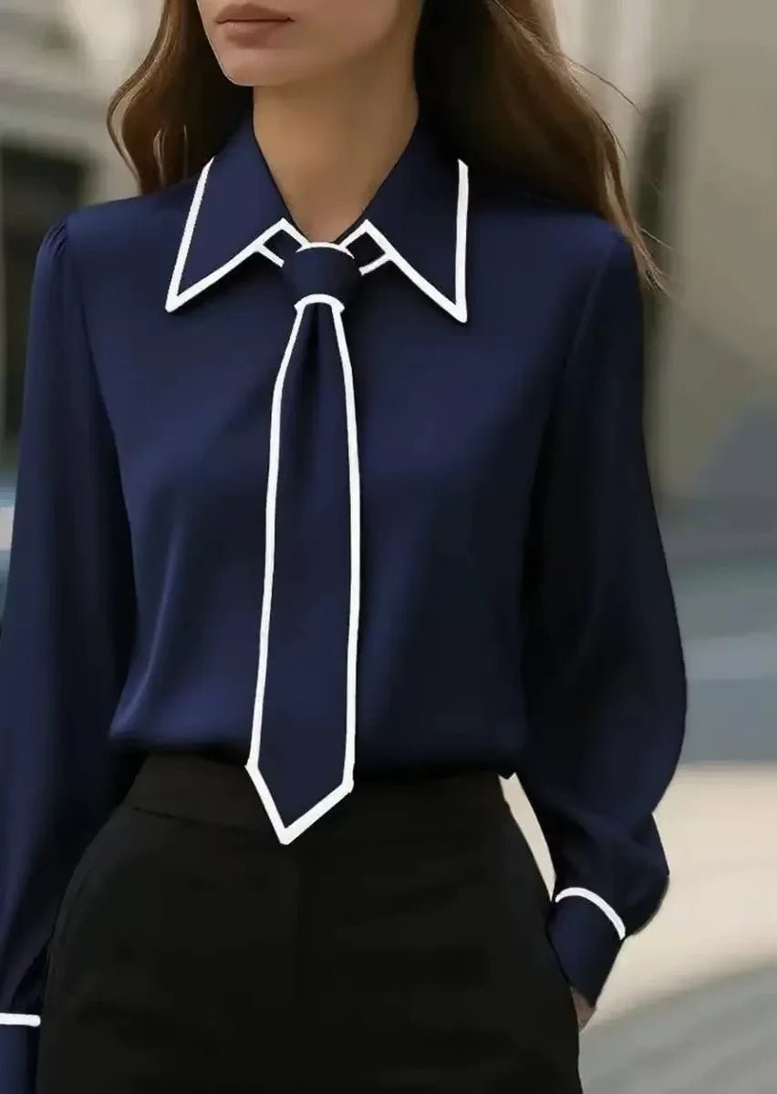 Emilia | Damen Langarm-Bluse mit Kontrastpaspel abnehmbarer Krawatte Knopfleiste