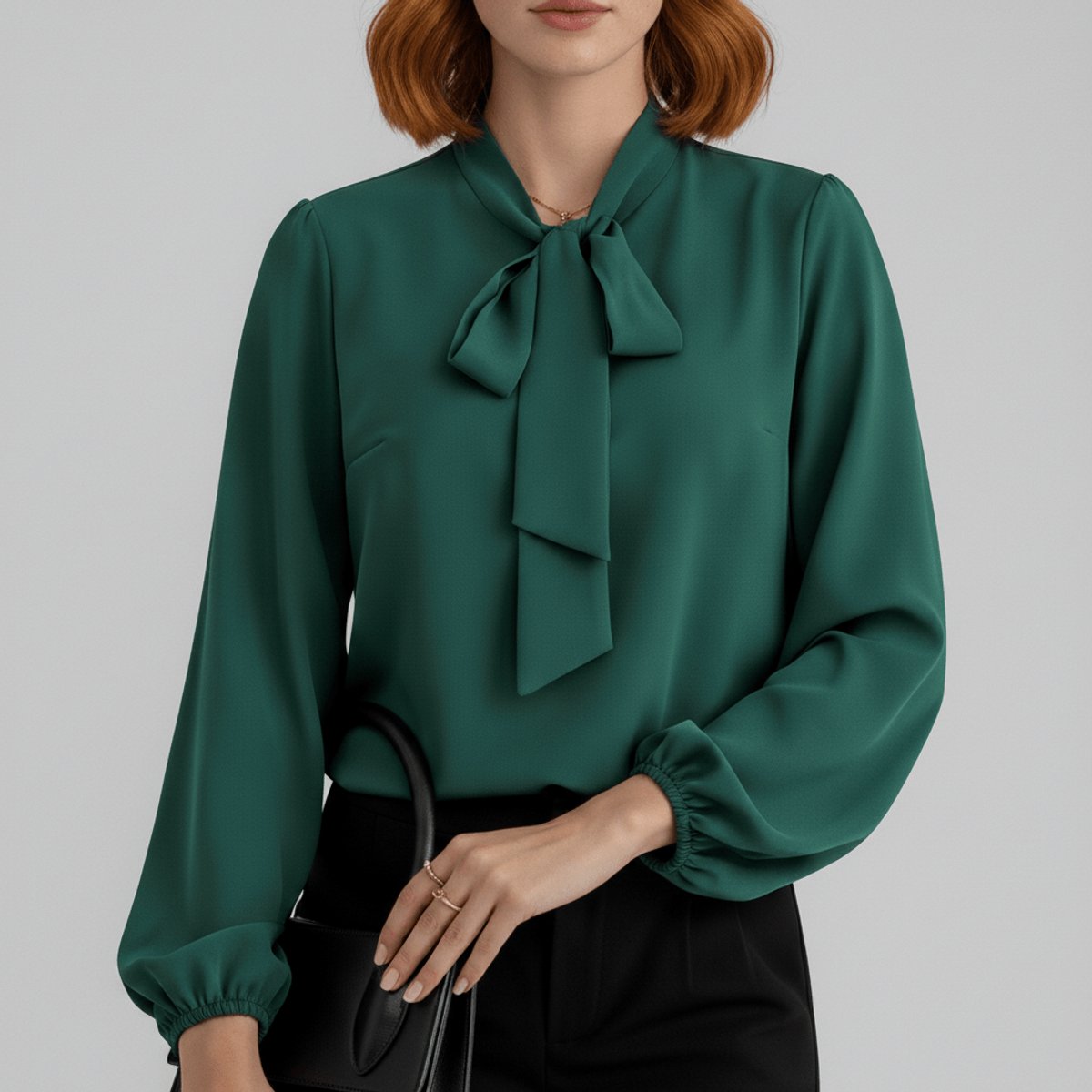 Emilia | Damen Langarm-Bluse mit Schleifenkragen und weitem Schnitt