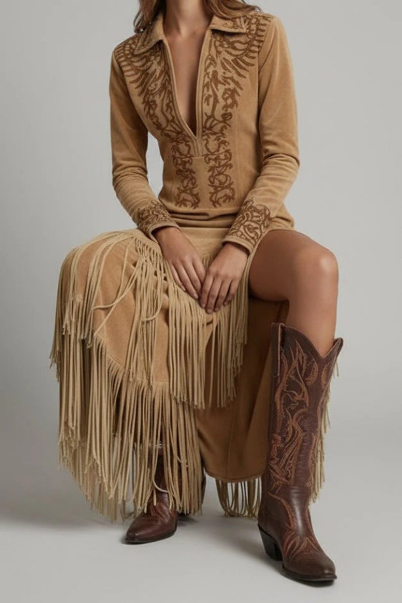 Emilia | Damen Langarm Fransen-Abendkleid Western Maxi mit V-Ausschnitt