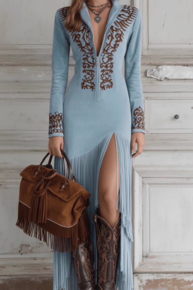 Emilia | Damen Langarm Fransen-Abendkleid Western Maxi mit V-Ausschnitt