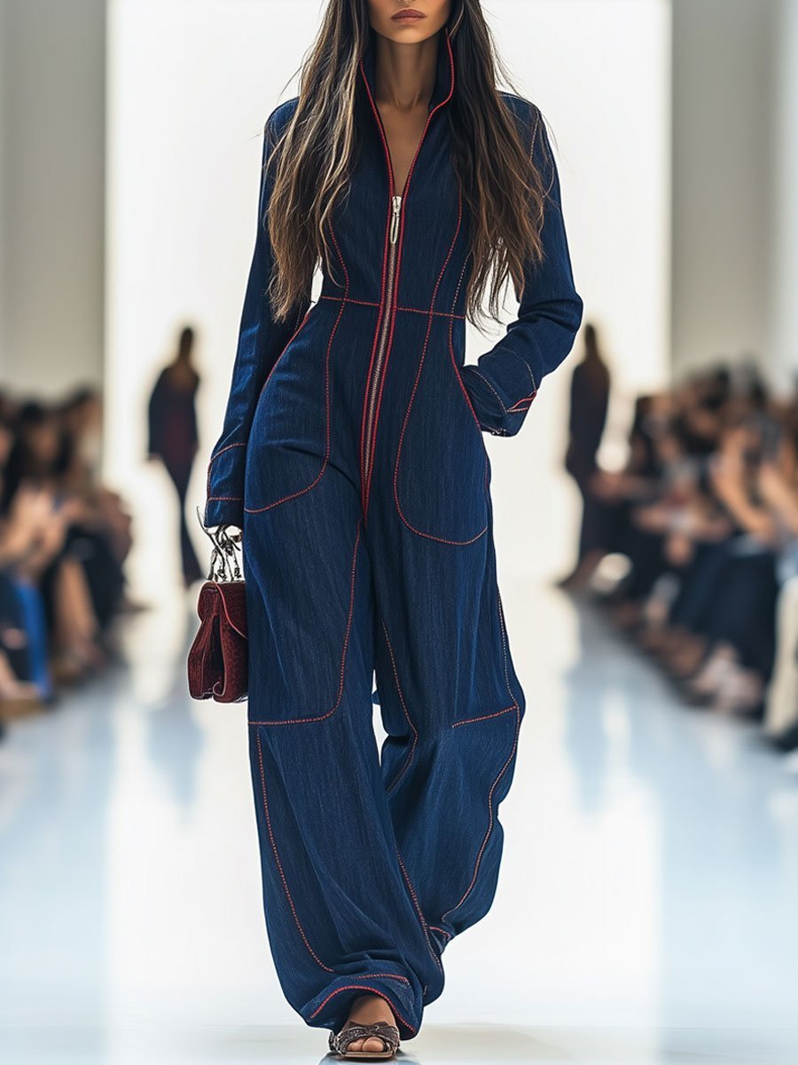 Johanna | Damen Langarm-Jumpsuit Wide Leg Pants Reißverschluss Kontrastnähte