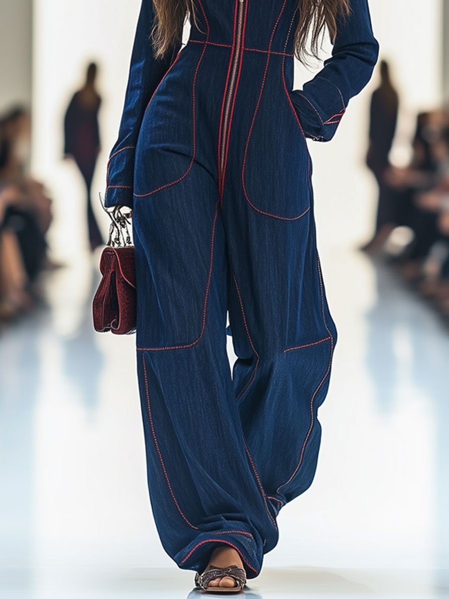 Johanna | Damen Langarm-Jumpsuit Wide Leg Pants Reißverschluss Kontrastnähte
