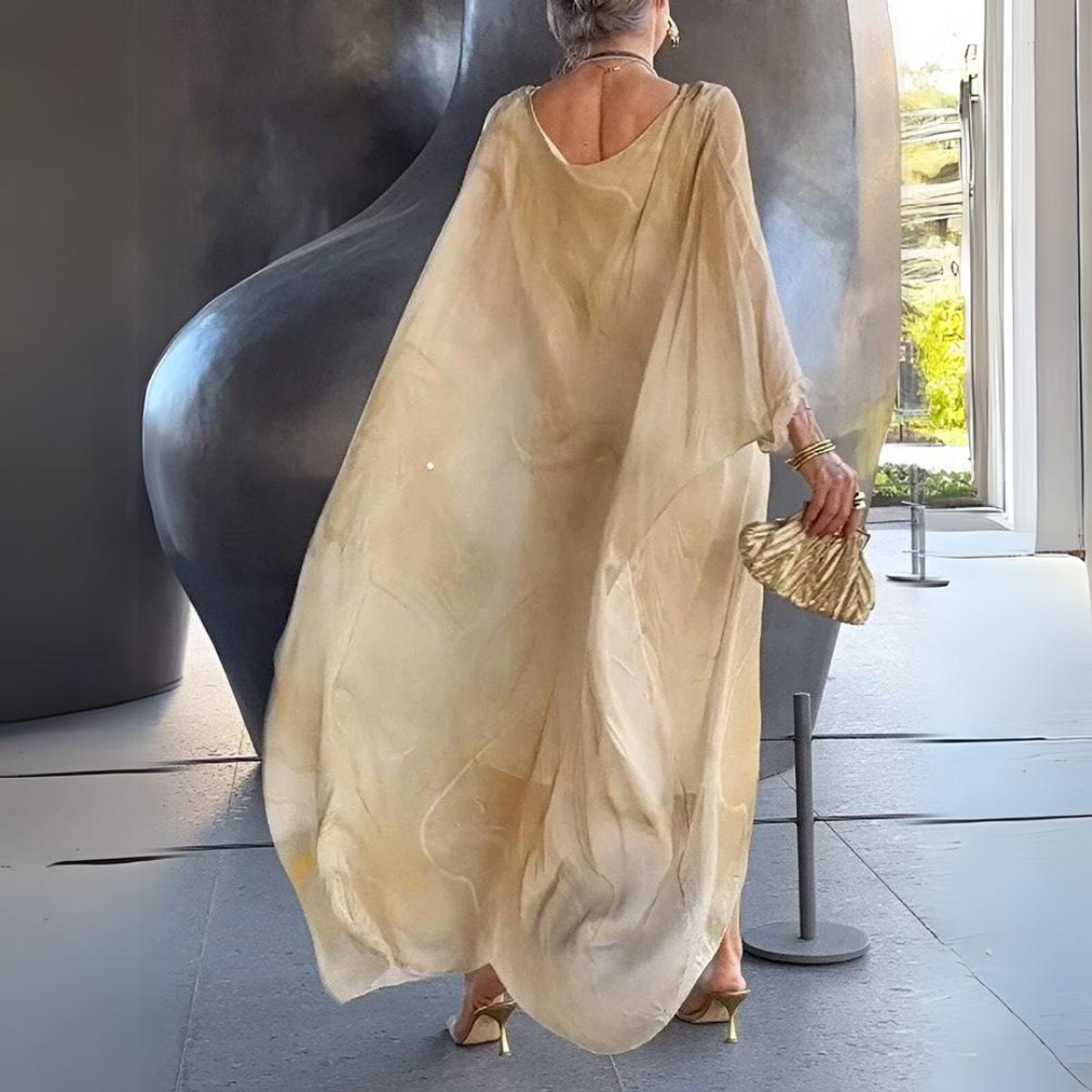 Leonie | Damen Langarm-Maxikleid fließend Rundhals festlich elegant