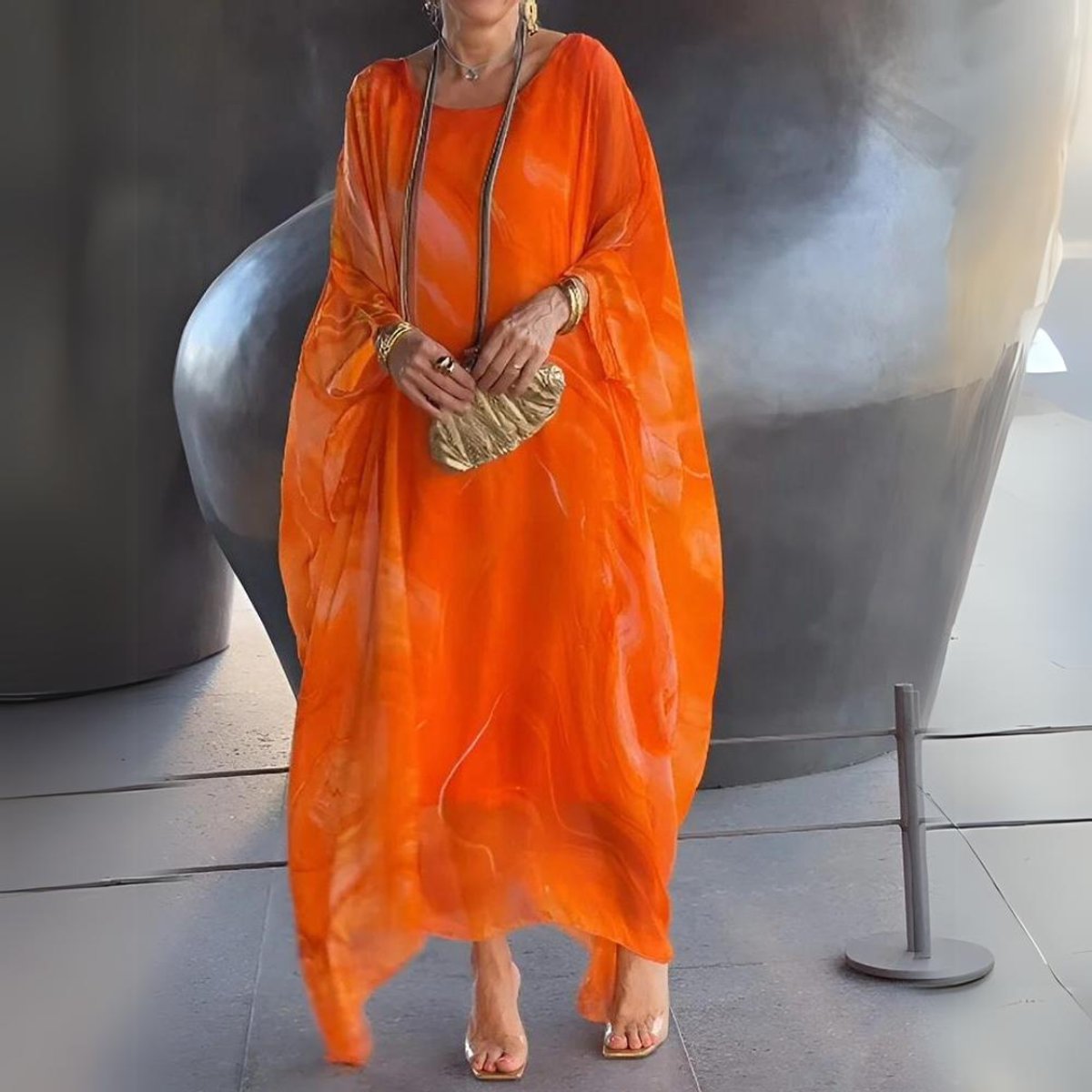 Leonie | Damen Langarm-Maxikleid fließend Rundhals festlich elegant