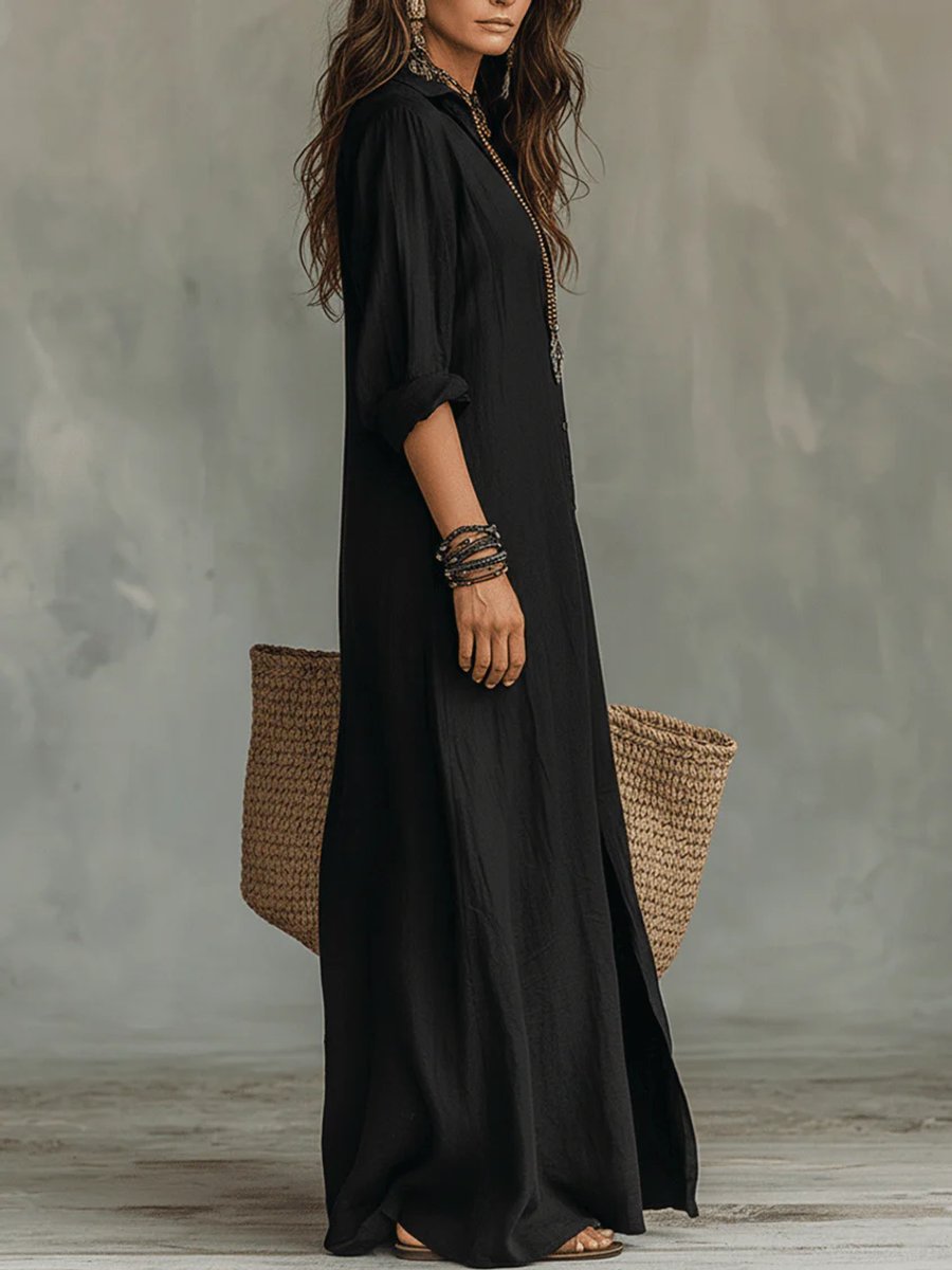 Marie | Damen Langarmkleid Lässiges Maxi-Hemdblusenkleid mit V-Ausschnitt