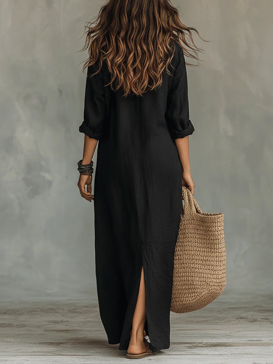 Marie | Damen Langarmkleid Lässiges Maxi-Hemdblusenkleid mit V-Ausschnitt