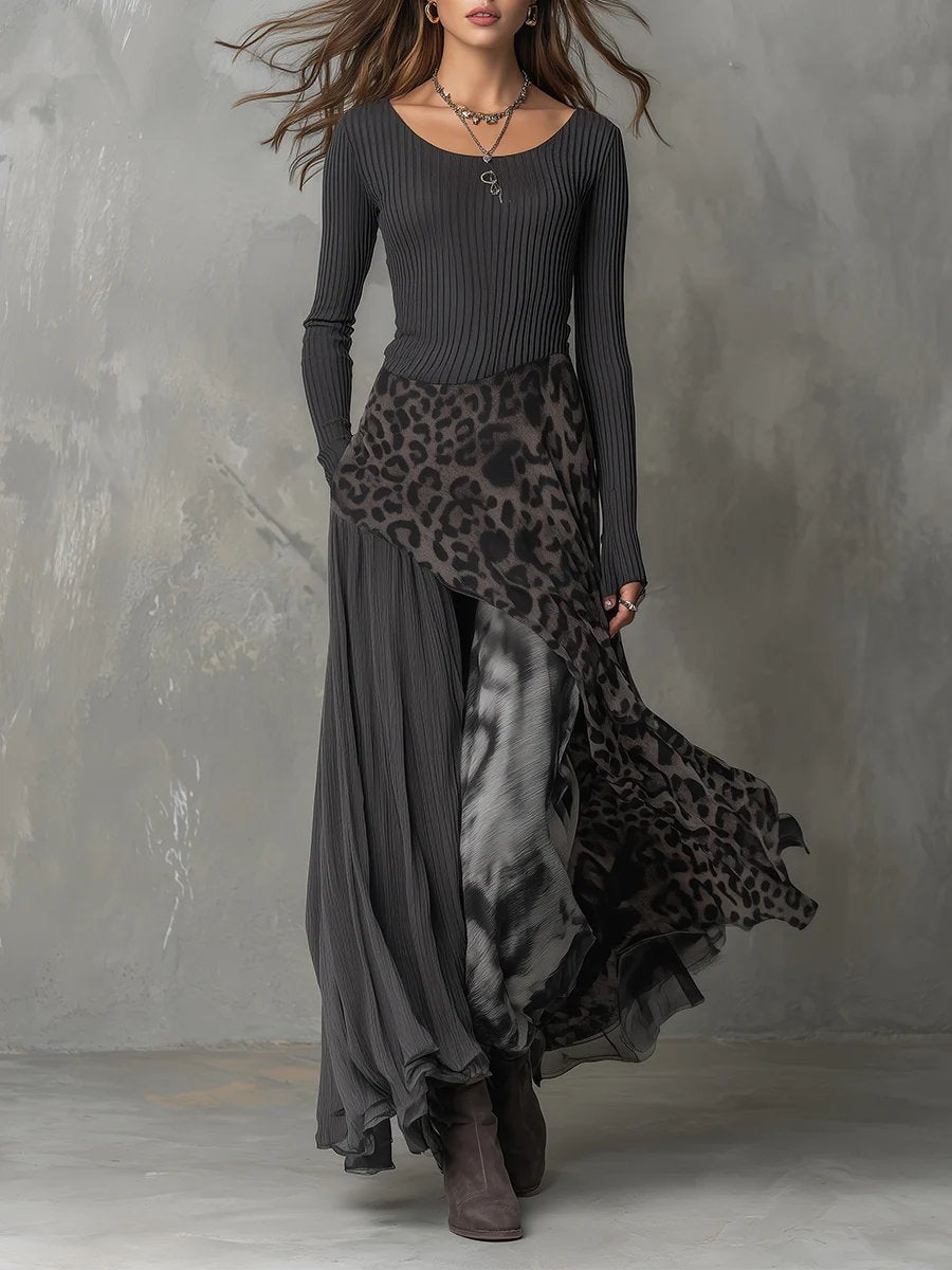 Frieda | Damen Langarmkleid Maxi Rippstrick Leopardenmuster Chiffon unregelmäßiger Saum