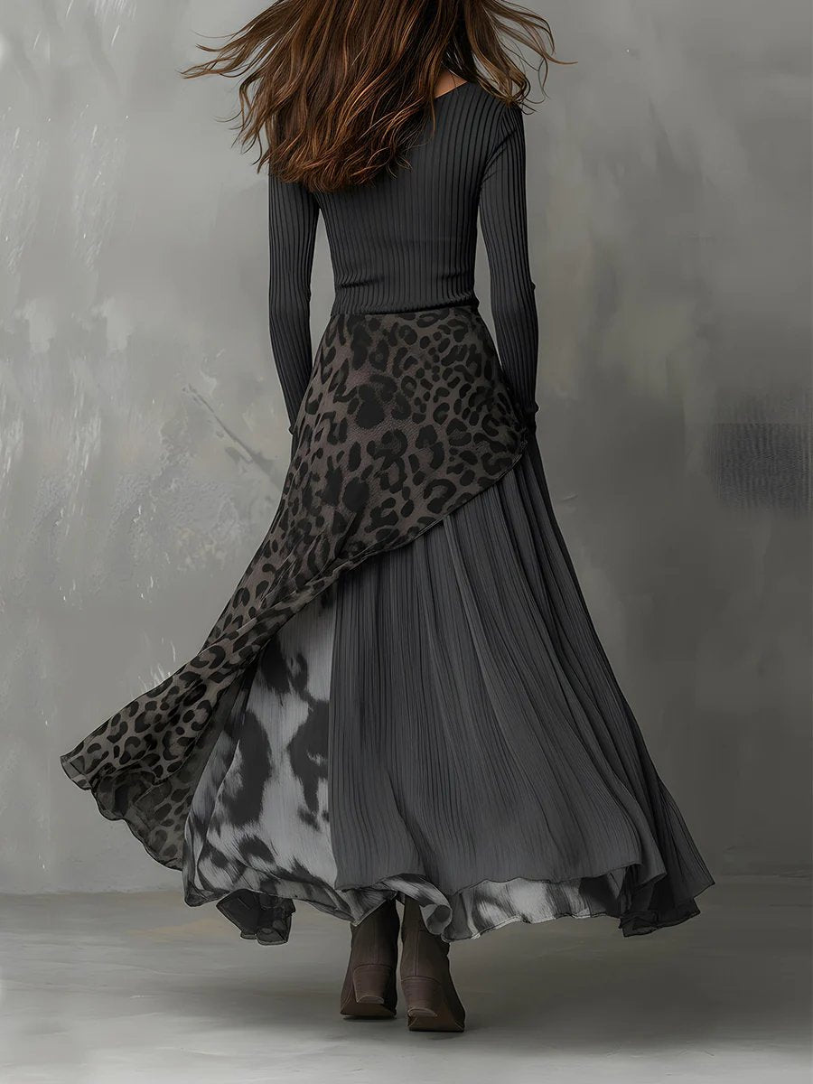 Frieda | Damen Langarmkleid Maxi Rippstrick Leopardenmuster Chiffon unregelmäßiger Saum