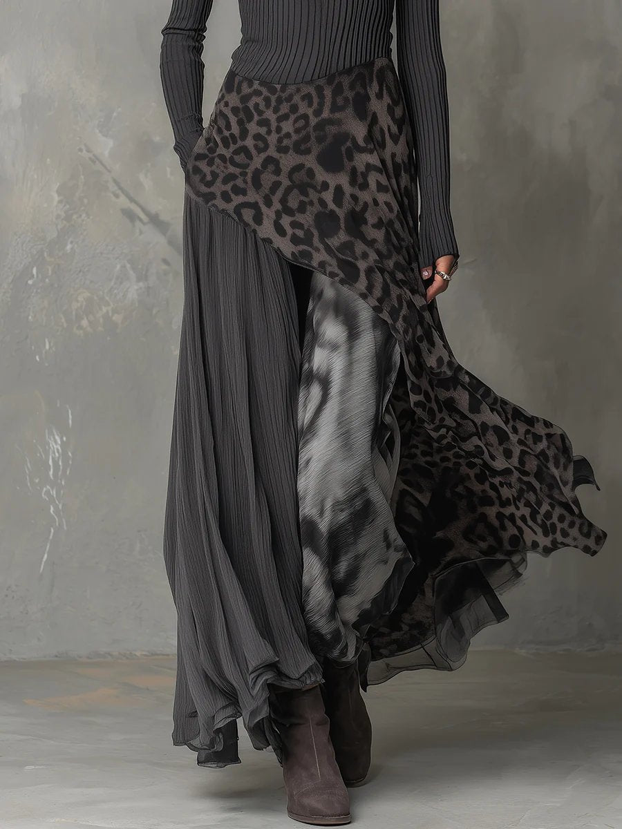 Frieda | Damen Langarmkleid Maxi Rippstrick Leopardenmuster Chiffon unregelmäßiger Saum