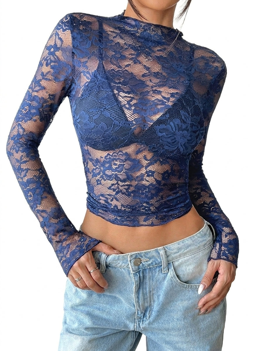 Damen Langarmshirt aus Spitze mit Stehkragen