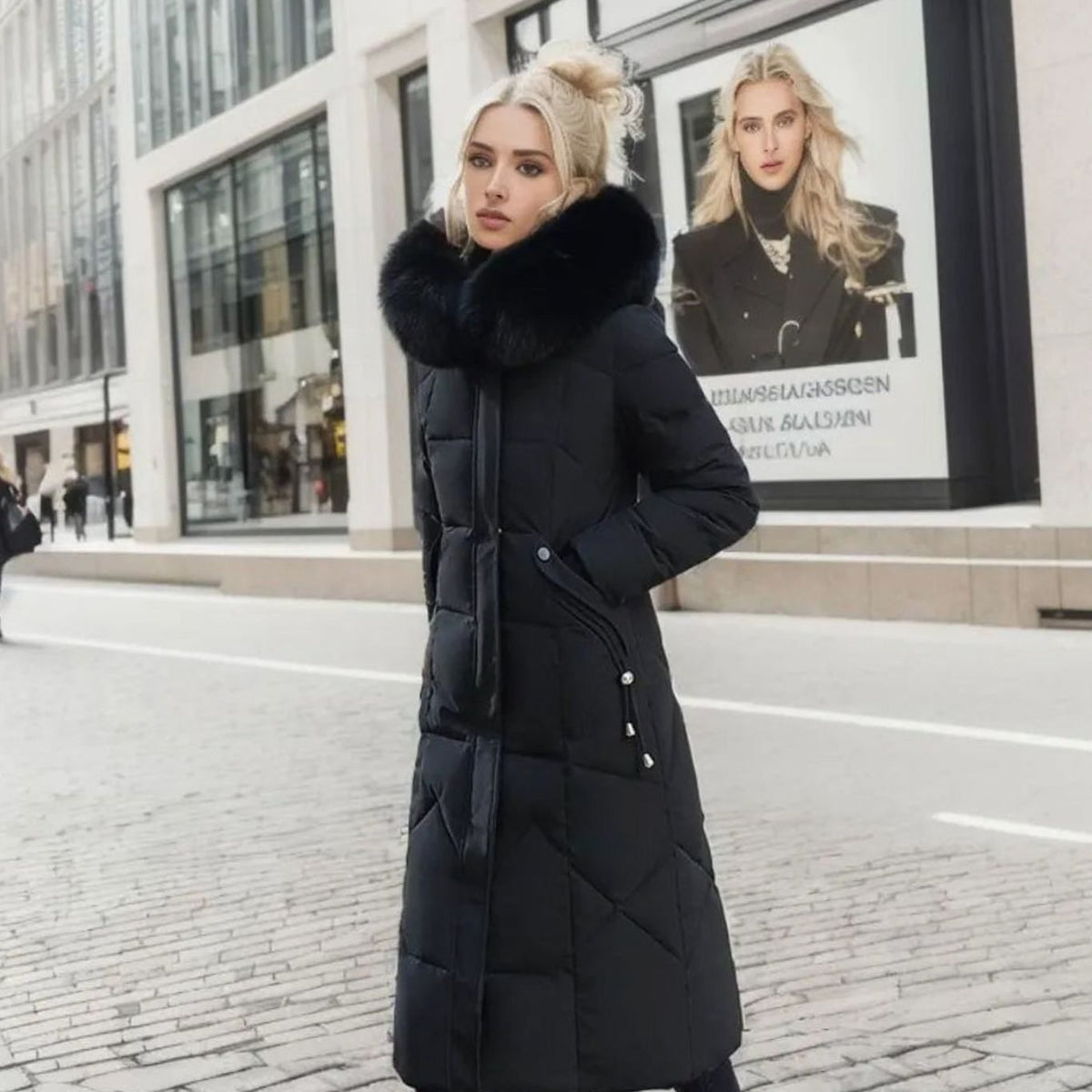 Clara | Damen Langer Daunen-Steppmantel mit Kragen Fellkapuze Wintermantel