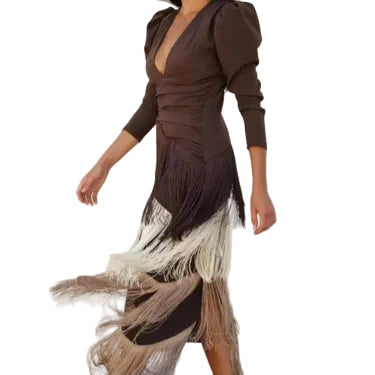 Damen langes Kleid mit V-Ausschnitt und Fransenrock
