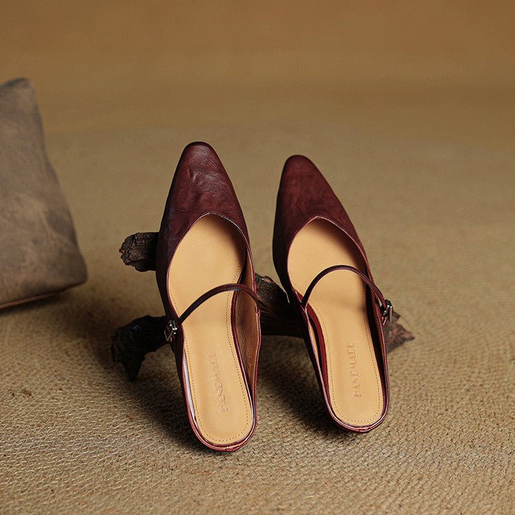 Marie | Damen Leder Mules Spitz Mary Jane Riemchen