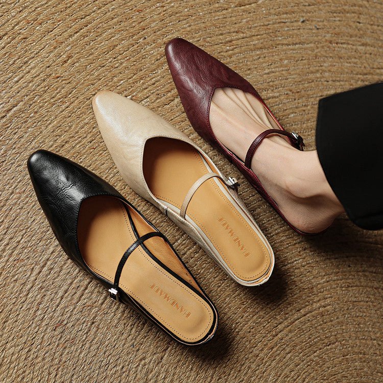 Marie | Damen Leder Mules Spitz Mary Jane Riemchen