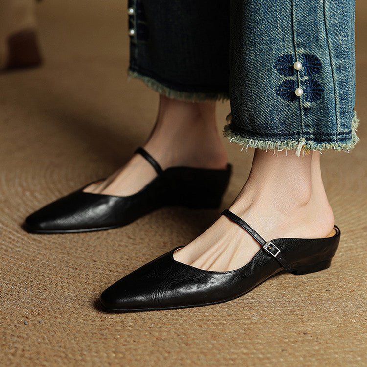 Marie | Damen Leder Mules Spitz Mary Jane Riemchen