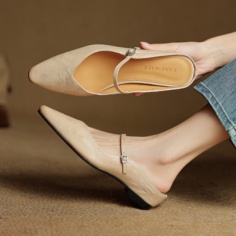 Marie | Damen Leder Mules Spitz Mary Jane Riemchen