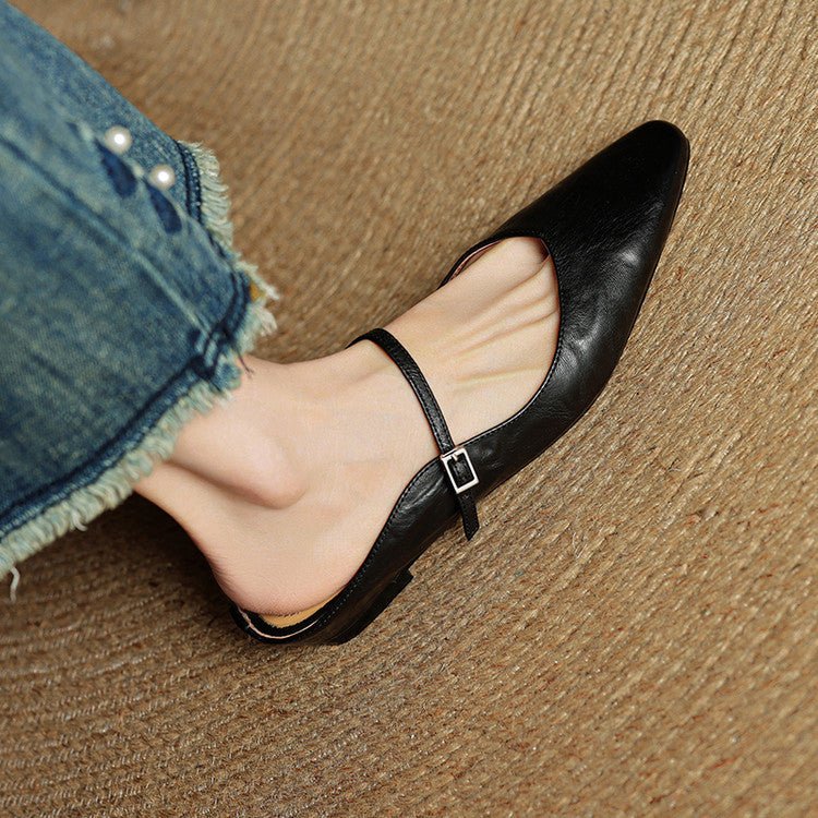 Marie | Damen Leder Mules Spitz Mary Jane Riemchen
