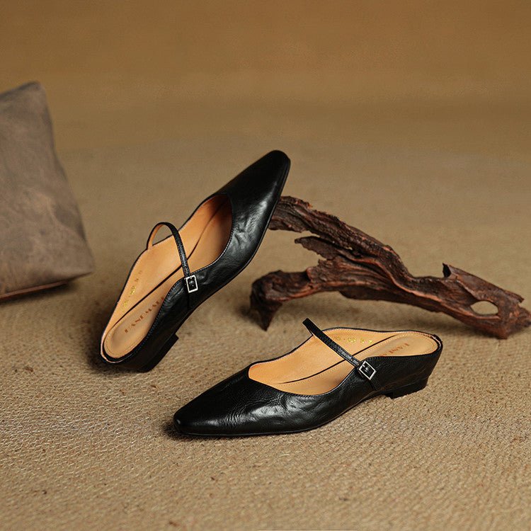 Marie | Damen Leder Mules Spitz Mary Jane Riemchen