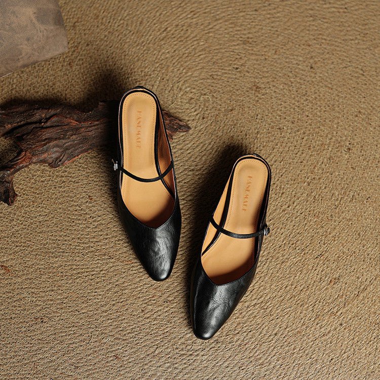 Marie | Damen Leder Mules Spitz Mary Jane Riemchen