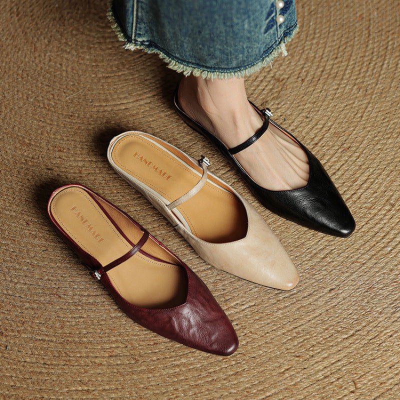 Marie | Damen Leder Mules Spitz Mary Jane Riemchen