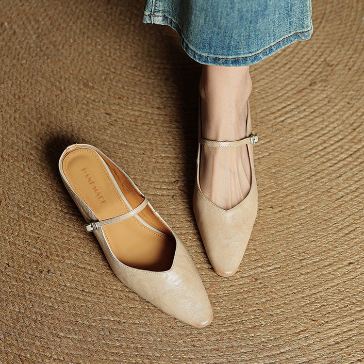 Marie | Damen Leder Mules Spitz Mary Jane Riemchen