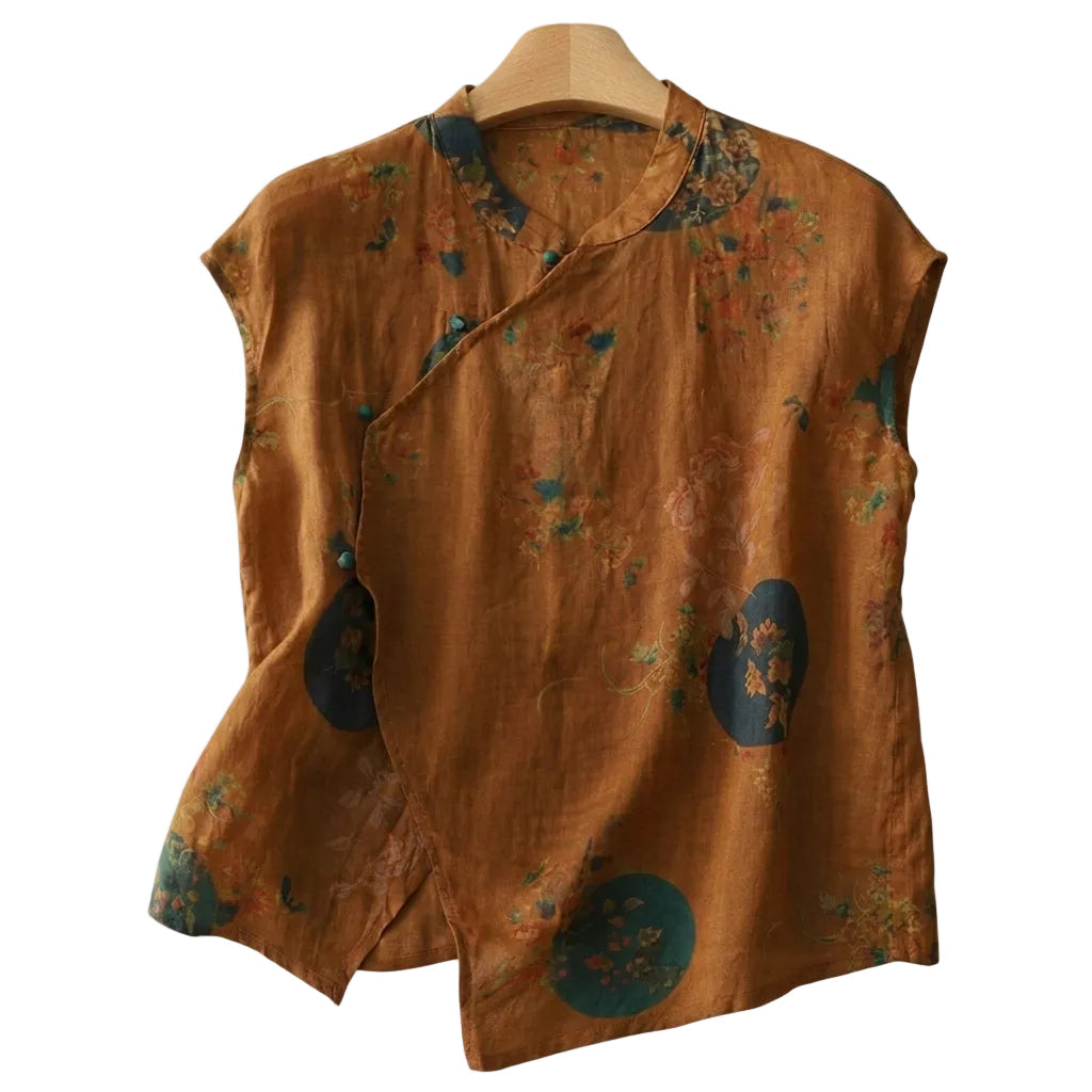 Damen leinen-Bluse mit Stehkragen, asymmetrischer Knopfleiste und floralem Muster