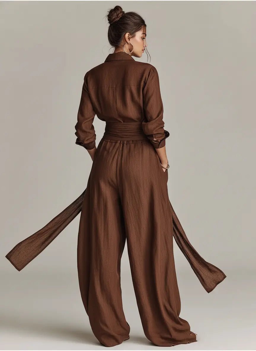Lena | Damen Leinen Hemdkragen Langarm Jumpsuit mit Gürtel