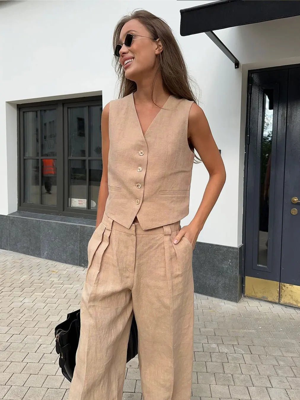 Luisa | Damen Leinen Hosenanzug Weste mit Plissee-Hose