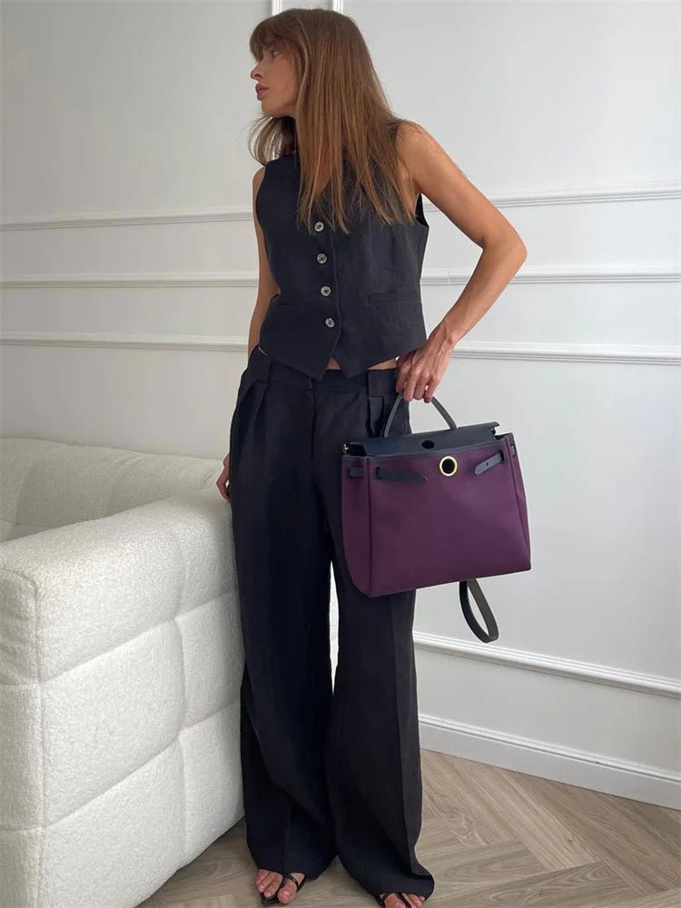 Luisa | Damen Leinen Hosenanzug Weste mit Plissee-Hose