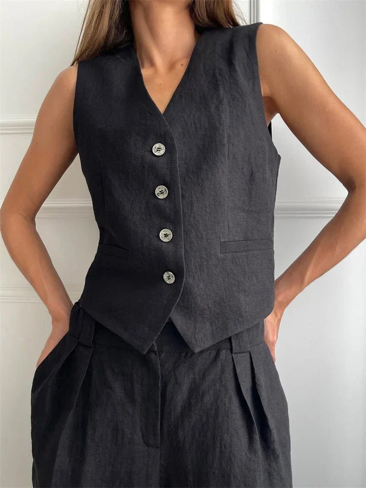 Luisa | Damen Leinen Hosenanzug Weste mit Plissee-Hose