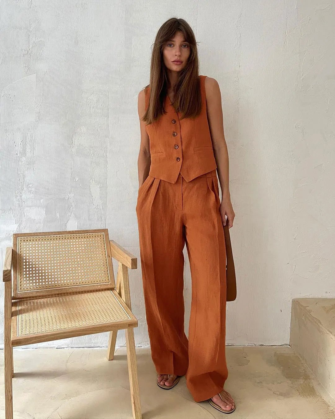 Luisa | Damen Leinen Hosenanzug Weste mit Plissee-Hose